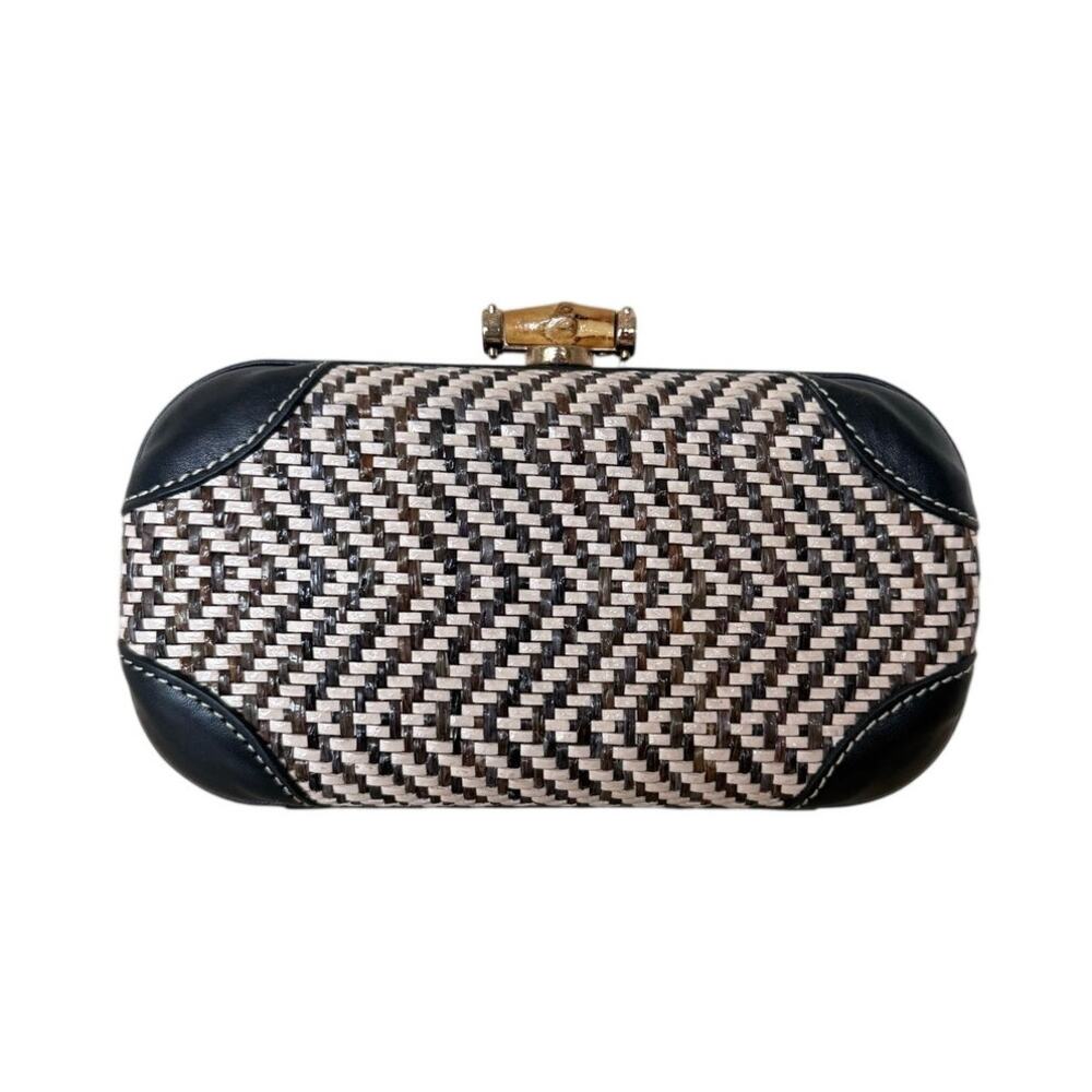 J. McLaughlin Herringbone Box Clutch Black Cream Structured Evening Purse